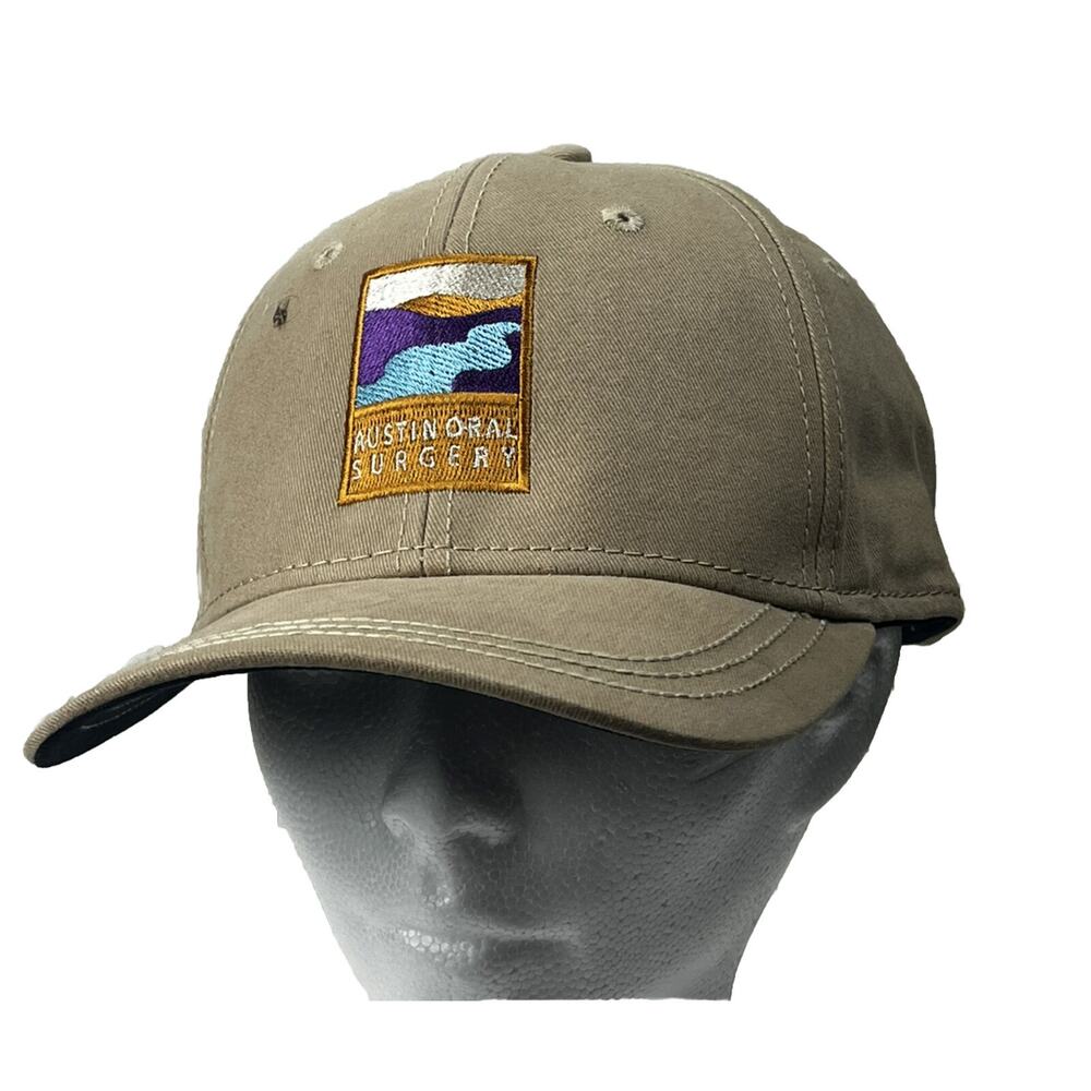 AOS Cap, Austin Oral Surgery Hat Adjustable Strapback DRI-DUCK Patch Logo Tan